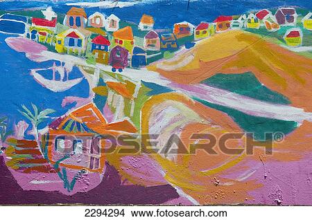 Picture - Colorful mural of St George's; Grenada. Caribbean. Fotosearch