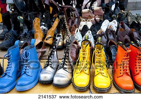 Stock Photo - Coloured Dr Marteens Boots On Display At Brick Lane Market, East London, London, Uk. Fotosearch
