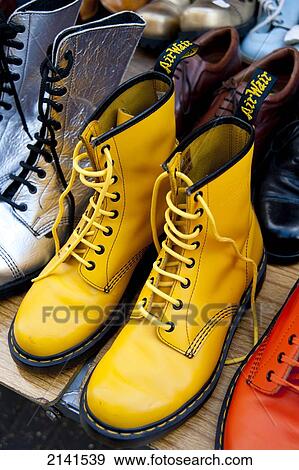 Stock Photo - Coloured Dr Marteens Boots On Display At Brick Lane Market, East London, London, Uk. Fotosearch