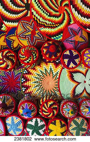 Stock Image - Colourful basket ware; Axum, Tigray, Ethiopia. Fotosearch