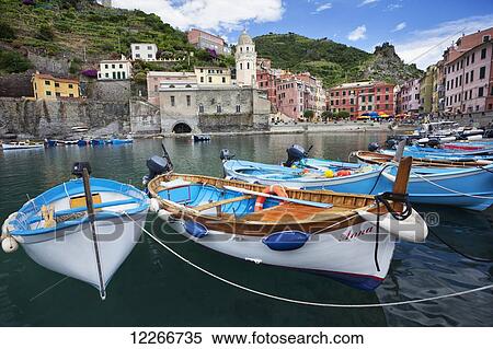 Colourful boats in Vernazza harbour; Vernazza, Liguria, Italy View Large Photo Image Stock Photography - Colourful boats in Vernazza harbour; Vernazza, Liguria, Italy. Fotosearch