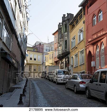 Stock Photography - Colourful Buildings And Parked Cars Along A Street; Istanbul Turkey. Fotosearch