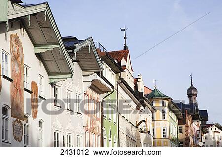 Colourful buildings in a row with blue sky; Bad Toelz, Bavaria, Germany View Large Photo Image Stock Image - Colourful buildings in a row with blue sky; Bad Toelz, Bavaria, Germany. Fotosearch