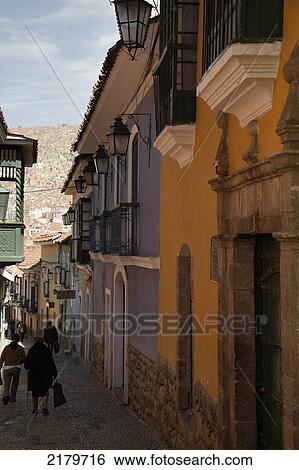 Stock Photograph - Colourful buildings on Calle Jaen street; La Paz, Bolivia. Fotosearch