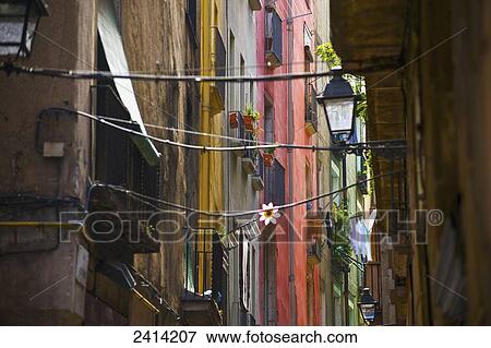 Colourful facade of residential buildings in a row; Barcelona, Spain View Large Photo Image Stock Photo - Colourful facade of residential buildings in a row; Barcelona, Spain. Fotosearch