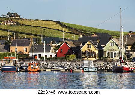 Colourful houses and boats in a harbour with green hilly pasture and blue sky in the background; Dingle, County Kerry, Ireland View Large Photo Image Stock Photograph - Colourful houses and boats in a harbour with green hilly pasture and blue sky in the background; Dingle, County Kerry, Ireland. Fotosearch
