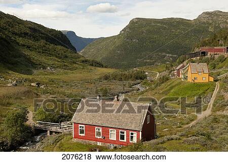 Colourful Houses In The Valley; Granvin Hordaland Norway View Large Photo Image Stock Photo - Colourful Houses In The Valley; Granvin Hordaland Norway. Fotosearch