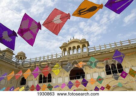 Stock Image - Colourful kites art installation during former Jaipur Heritage Festival, Ramchandraji Temple; Jaipur, Rajasthan, India. Fotosearch
