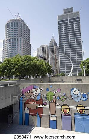 Colourful Mural Painted On A Concrete Wall With Skyscrapers In The Background In Downtown Detroit; Detroit, Michigan, United States Of America View Large Photo Image Stock Image - Colourful Mural Painted On A Concrete Wall With Skyscrapers In The Background In Downtown Detroit; Detroit, Michigan, United States Of America. Fotosearch