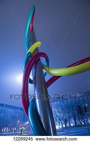 Stock Photography - Colourful sculpture of needle and thread; Milan, Lombardy, Italy. Fotosearch