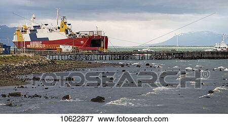Colourful ship docked in port; Natales, Magallanes and Antartica Chilena Region, Chile View Large Photo Image Stock Photo - Colourful ship docked in port; Natales, Magallanes and Antartica Chilena Region, Chile. Fotosearch