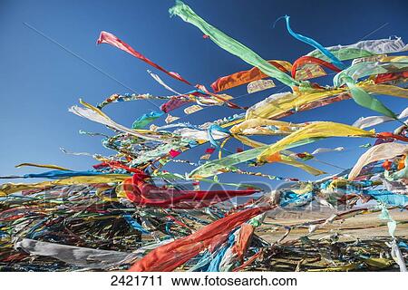 Colourful Tibetan prayer flags (Lung ta) under the strong wind with white mountain tops in the background; Qinghai province, Tibet View Large Photo Image Stock Image - Colourful Tibetan prayer flags (Lung ta) under the strong wind with white mountain tops in the background; Qinghai province, Tibet. Fotosearch
