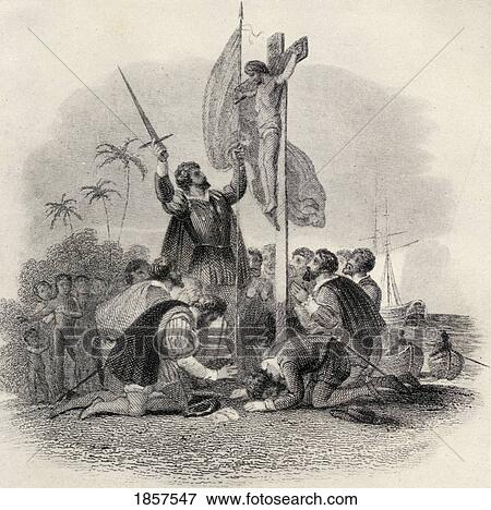 Stock Photo - Columbus Landing In The New World. Christopher Columbus, 1451-1506. Spanish Explorer And Discoverer Of America. From An Old Engraving.. Fotosearch