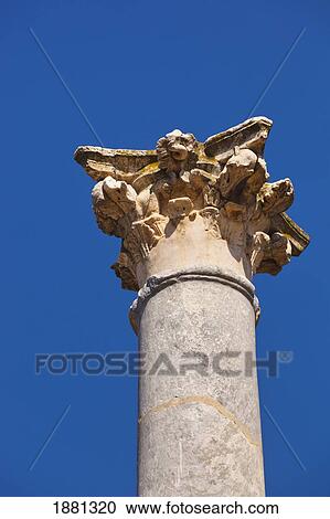 Stock Image - Column With Corinthian Capital From The Roman Theatre Built In The First Century B. C.; Merida, Badajoz Province, Spain. Fotosearch
