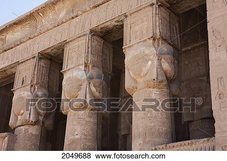 Stock Photo - Columns With Hathor Capitals In The Outer Hypostyle Hall Of The Temple Of Hathor, Dendera, Qina, Egypt. Fotosearch