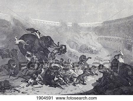 Stock Image - Combat With Wild Beasts In The Colosseum In Ancient Rome. From A 19Th Century Engraving.. Fotosearch