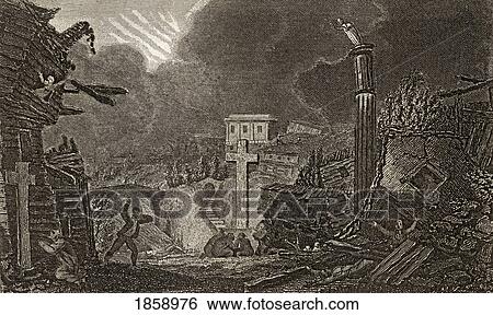 Stock Photograph - Commencement Of The Earthquake At Messina, 1783. Engraved By Berry After Craig. From The Book The Gallery Of Nature And Art Volume Ii. Published London C. 1823.. Fotosearch