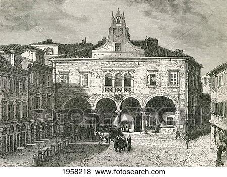 Stock Photo - Communal Palace, Forum Square, Pula, Istria, Croacia In The 19Th Century. From El Mundo En La Mano, Published 1878.. Fotosearch