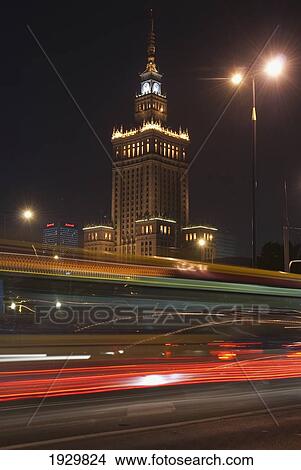 Picture - Communist era built Palace of Culture and Science at night, Warsaw, Poland. Fotosearch
