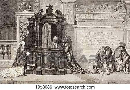 Stock Photograph - Confession In An Italian Catholic Church. 19Th Century Illustration. From El Mundo Ilustrado, Published Barcelona, Circa 1880.. Fotosearch