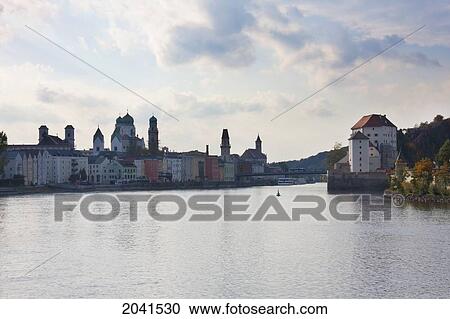 Stock Image - Confluence Point Of The Danube, Inn & Ilz Rivers, Passau, Bavaria, Germany. Fotosearch