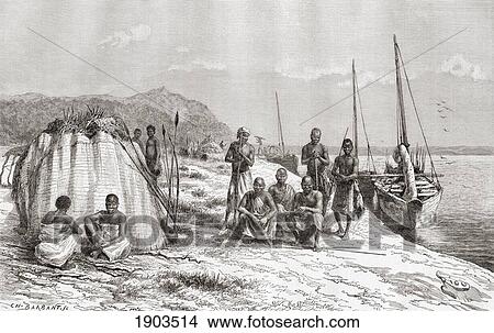 Congolese Tribesmen By Their Boats On The Congo River In The 19Th Century. From The Book Africa Pintoresca Published 1888. View Large Photo Image Picture - Congolese Tribesmen By Their Boats On The Congo River In The 19Th Century. From The Book Africa Pintoresca Published 1888.. Fotosearch