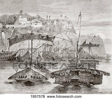 Stock Photo - Convoy Of Boats Loaded With Cargoes Of Cotton Descending The Ganges River, India In The 1860's. From L'univers Illustre Published In Paris In 1868.. Fotosearch