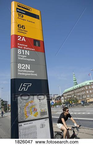 Stock Photo - Copenhagen, Denmark; Bus Stop With Cyclist Riding By. Fotosearch