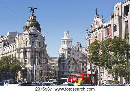 Stock Photo - Corner Of Calle De Alcala And Gran Via; Madrid Spain. Fotosearch