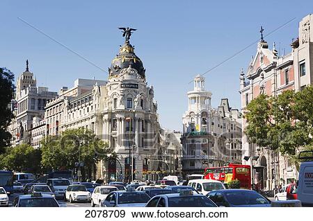 Stock Photo - Corner Of Calle De Alcala And Gran Via; Madrid Spain. Fotosearch