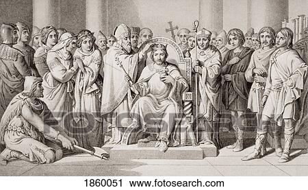 Stock Image - Coronation Of Harold King Of The Anglo-Saxons. A. D. 1066. Harold Ii King Of England C. 1020-1066. Engraved By W. Ridgeway After D. Maclise. From The Book ÃƒÂ¢Ã¢â€šÂ¬Ã…â€œIllustrations Of English And Scottish HistoryÃƒÂ¢Ã¢â€šÂ¬Ã‚Â Volume 1. Fotosearch
