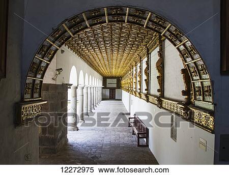 Stock Photography - Corridor by the Patio de la Cruz (courtyard of the Cross) in San Diego Convent Museum, Quito, Pichincha, Ecuador. Fotosearch