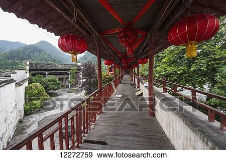 Stock Photo - Corridor on the second floor of the Walking Horse Tower, Xidi, Anhui, China. Fotosearch