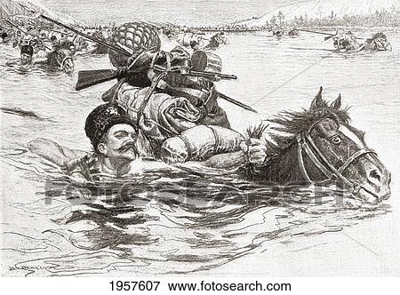 Stock Photo - Cossacks Swimming Their Horses Across A River. From The Century Illustrated Monthly Magazine, May To October 1904.. Fotosearch