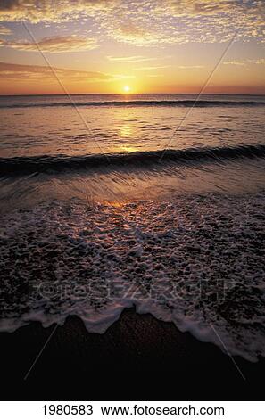 Stock Image - Costa Rica, Guanacaste Province, Playa Grande, Sunset Over Ocean Horizon On Beach.. Fotosearch