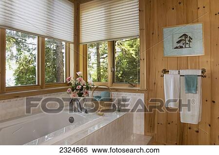 Stock Photography - Cottage Bathroom With View Of Woods And Lake, Ontario, Canada. Fotosearch