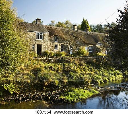 Picture - Cottages; Baslow, Derbyshire, Peak District National Park, England, Uk. Fotosearch