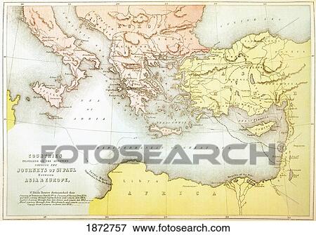 Stock Photo - Countries Travelled By The Apostles And Showing The Journeys Of St Paul Between Asia And Europe. From The Holy Bible Published By William Collins, Sons, & Company In 1869.. Fotosearch