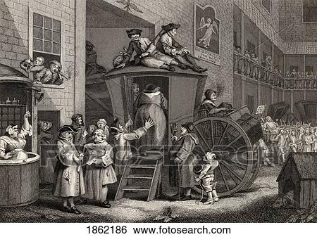 Stock Photograph - Country Inn Yard Engraved By T Engleheart After Hogarth From The Works Of Hogarth Published London 1833. Fotosearch