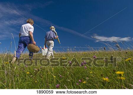 Stock Photo - Couple Carrying Picnic Baskets In Meadow On The South Downs. Fotosearch