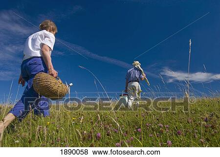 Stock Photo - Couple Going For Picnic In Meadow On The South Downs. Fotosearch