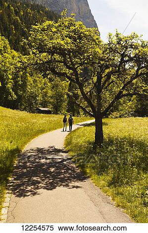 Stock Photography - Couple walking on a path in a valley; Murren, Bernese Oberland, Switzerland. Fotosearch