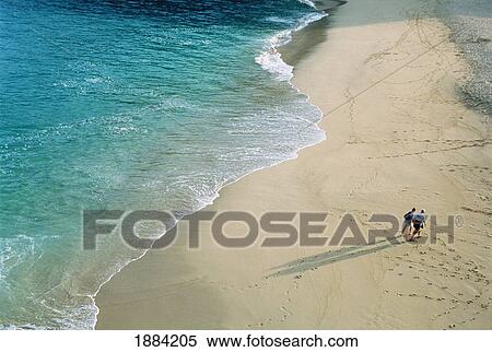 Couple Walking On Portcurno Beach, Aerial View View Large Photo Image Stock Photography - Couple Walking On Portcurno Beach, Aerial View. Fotosearch