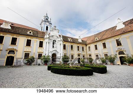Stock Photograph - Courtyard of the Chorherrenstift church, Duernstein in Wachau, Lower Austria, Austria. Fotosearch