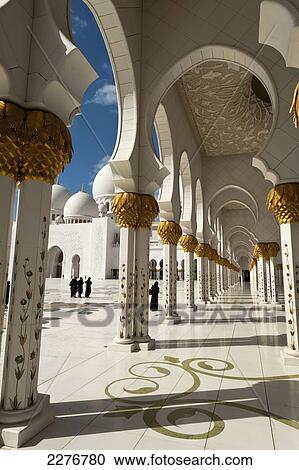 Stock Image - Courtyard Of The Sheikh Zayed Grand Mosqueabu Dhabi, United Arab Emirates. Fotosearch