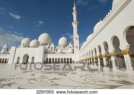 Stock Image - Courtyard Of The Sheikh Zayed Grand Mosqueabu Dhabi, United Arab Emirates. Fotosearch