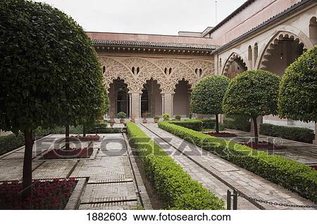 Stock Image - Courtyard Santa Isabella Of The Aljaferia Palace; Zaragoza, Spain. Fotosearch