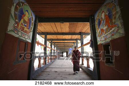 Stock Photo - Covered Bridge Over The River In Paro, The Paro Valley, Bhutan. Fotosearch