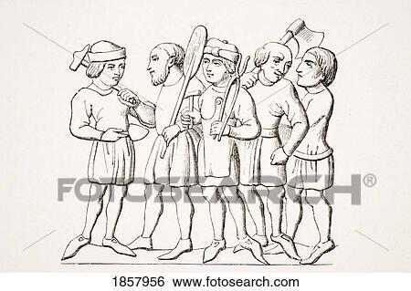 Stock Photograph - Craftsmen In The 14Th Century. 19Th Century Reproduction Of Manuscript Miniature. Fotosearch