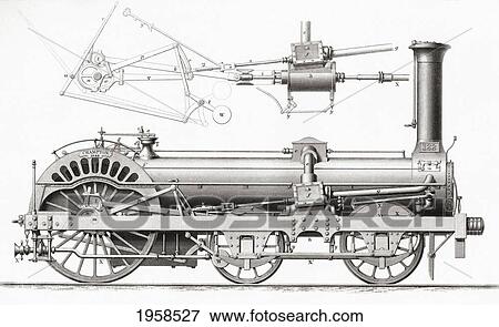 Stock Photo - Crampton's Railway Steam Locomotive Engine, 19Th Century. From Cyclopaedia Of Useful Arts And Manufactures By Charles Tomlinson.. Fotosearch
